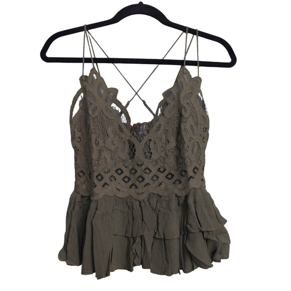 Free People Adella Cami Crochet Lace Flowy Tiered Crisscross Olive Sparrow M New - Picture 2 of 11